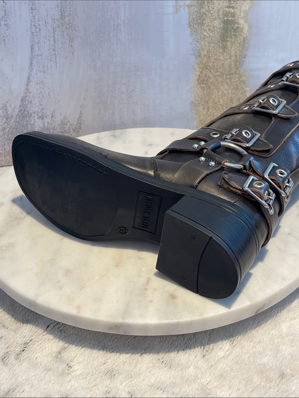Steve Madden - Rocky Distressed Leather Buckle Hardware Tall Moto Engineer Boots - Picture 12 of 12